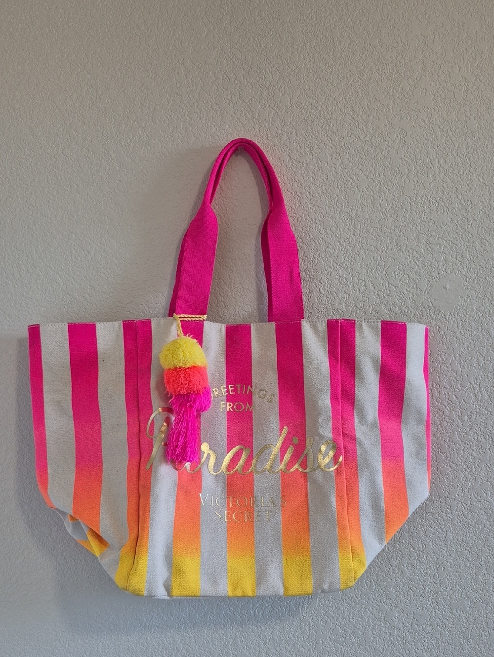 Victoria's Secret Pink, Orange & Yellow Striped Tote with Pom-Pom Charm